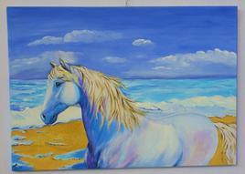 Cheval blanc sur la plage.