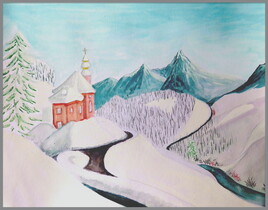 Eglise rose enneigée / Painting A snowy pink church