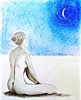 Femme nue assise regardant la lune Gaëlle / Drawing A naked seated woman looking at the moon