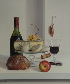 Peinture à l'huile, "Casse-croûte aux fromages et vin", (65cm x 54cm) 15F