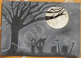 Dessin-Abstrait-Noir Et Blanc-Halloween-Pleine Lune-Nuit