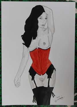 dessin nu féminin erotique portrait "corset rouge"