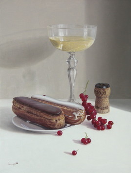 Peinture à l'huile "Dégustation de l'éclair au chocolat et à la vanille" (35cm x 27cm) 5F