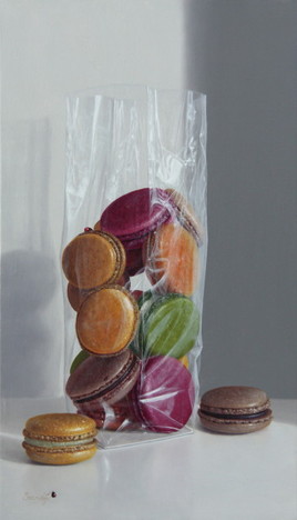 Peinture à l'huile "Le sac de macarons", (33cm x 19cm) 4M