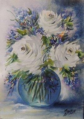 Bouquet roses blanches et fleurs violine