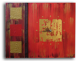 tableau horloge moderne rouge dor&eacute; marron salon