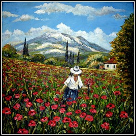 Femme aux coquelicots au mont D'Aix-en-Provence (peinture impressionniste)