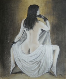 Nu drap&eacute; aux gants noirs