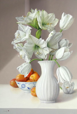 Peinture à l'huile "bouquet de Lys et tulipes" (55cm x 33cm) 10M