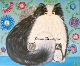 Peinture acrylique "Chat Tendresse" aux fleurs &agrave; la russe