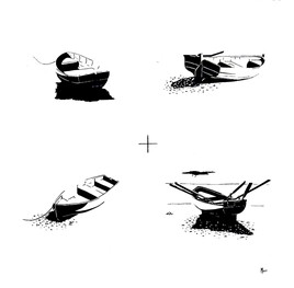 Tableau à l'huile monochrome - "Quatre barques sur une plage" -