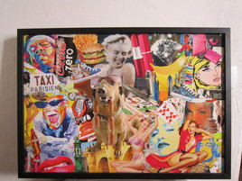 pop'art chien collage vernis encadre L71,5cmxH51cm A VENDRE en mp