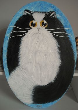Peinture acrylique "Chat noir et blanc à adopter" sur toile ovale de coton