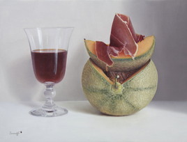 Peinture à l'huile "Le melon, la tranche de jambon et le verre de Porto" (27cm x 35cm) 5F