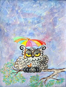 Hibou à l'ombrelle aquarelle Jf Gantner