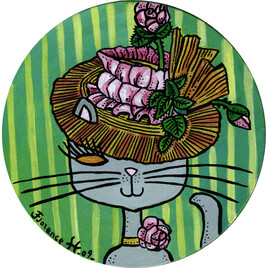 Portrait naïf de chat en chapeau aux boutons de roses