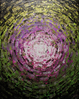 Peinture contemporaine : Éclat de lueur rose verte iridescente.