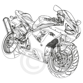 Esquisse noir et blanc d'une moto dans un style filaire