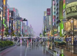 the man with the suitcase in the tokyo monsoon watercolor
