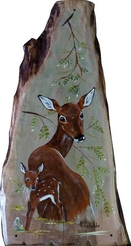 TABLEAU PEINTURE BICHE ET SON FAON SUR BOIS PAINTING DOE AND FAWN