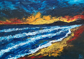 "Stormy seascape at sunset"