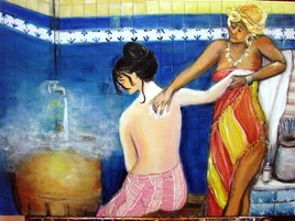 Elkhalwa ou bain de la mari&eacute;e huile sur toile 80 sur 60cm