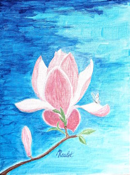 Fleur de magnolia et papillon / Painting : Flower of magnolia and butterfly
