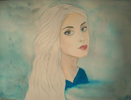 Aquarelle Portrait féminin "Fille aux yeux bleus et cheveux argentés"