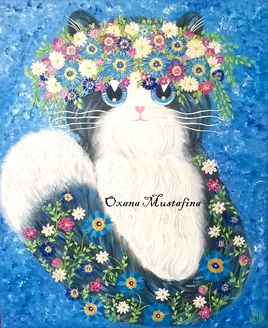 Peinture acrylique Chat "Printemps poilu" sur toile de coton
