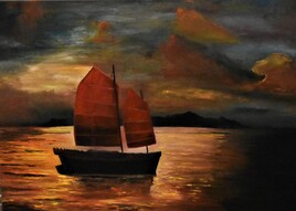 Painting red sunset over sea, By joky kamo