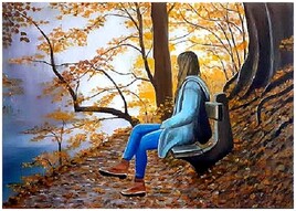 La jeune femme sur un banc (peinture a l'huile)