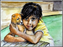 La jeune fille et le petit chien ( mon premier portrait à l'aquarelle )