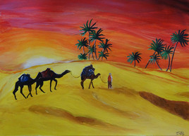 Coucher de soleil et dromadaires dans le d&eacute;sert tunisien