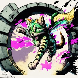 Envolez-vous vers l'univers cyberpunk avec un chaton volant à travers un portail