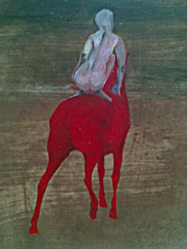nue sur cheval rouge de dos