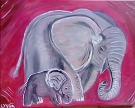 Elephante et son petit sur fond rose foncé