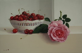 Peinture à l'huile "la rose et la coupe de cerises" (27cm x 35cm) 5F