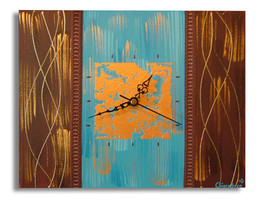 tableau horloge moderne bleu marron doré contemporain abstrait
