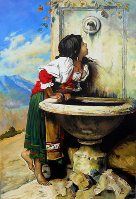 Petite paysanne romaine buvant à la fontaine