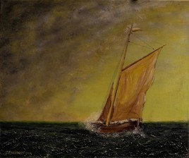 Chaloupe de pêche en fuite par gros temps.