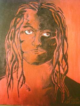 Femme en rouge et noir.