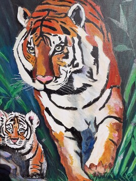 Tigresse et son petit (acrylique sur toile)
