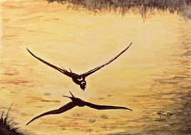 Hirondelle rustique pêchant au soleil couchant / Painting : a rustic swallow fishing at sunset