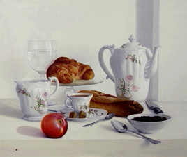 Peinture à l'huile, "petit déjeuner au croissant" (55cm x 46cm) 10F