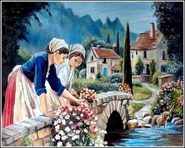 Les deux femmes sur un pont fleuri