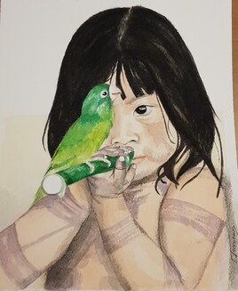 Jeune amazonienne et l oiseau vert