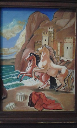 Deux chevaux sur plage et chateau