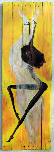 "danseuse au voile or et argent" peinture sur bois de palette 60 X 140 Jf Gantner