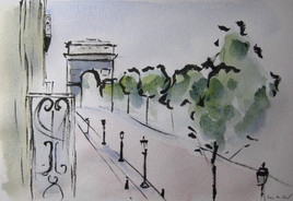 Les Champs Elys&eacute;es - Vue &agrave; l'encre de Chine et aquarelle