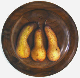 Peinture à l'huile dans une assiette en bois "le trio poires".